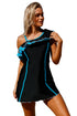 Sexy Black Blue Ruffle 1pc Swim Dress with Shorts